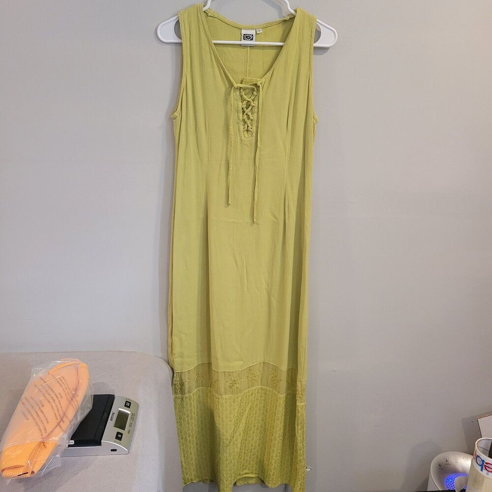 Johnny Was Lime Green Lace-Trim Midi Dress